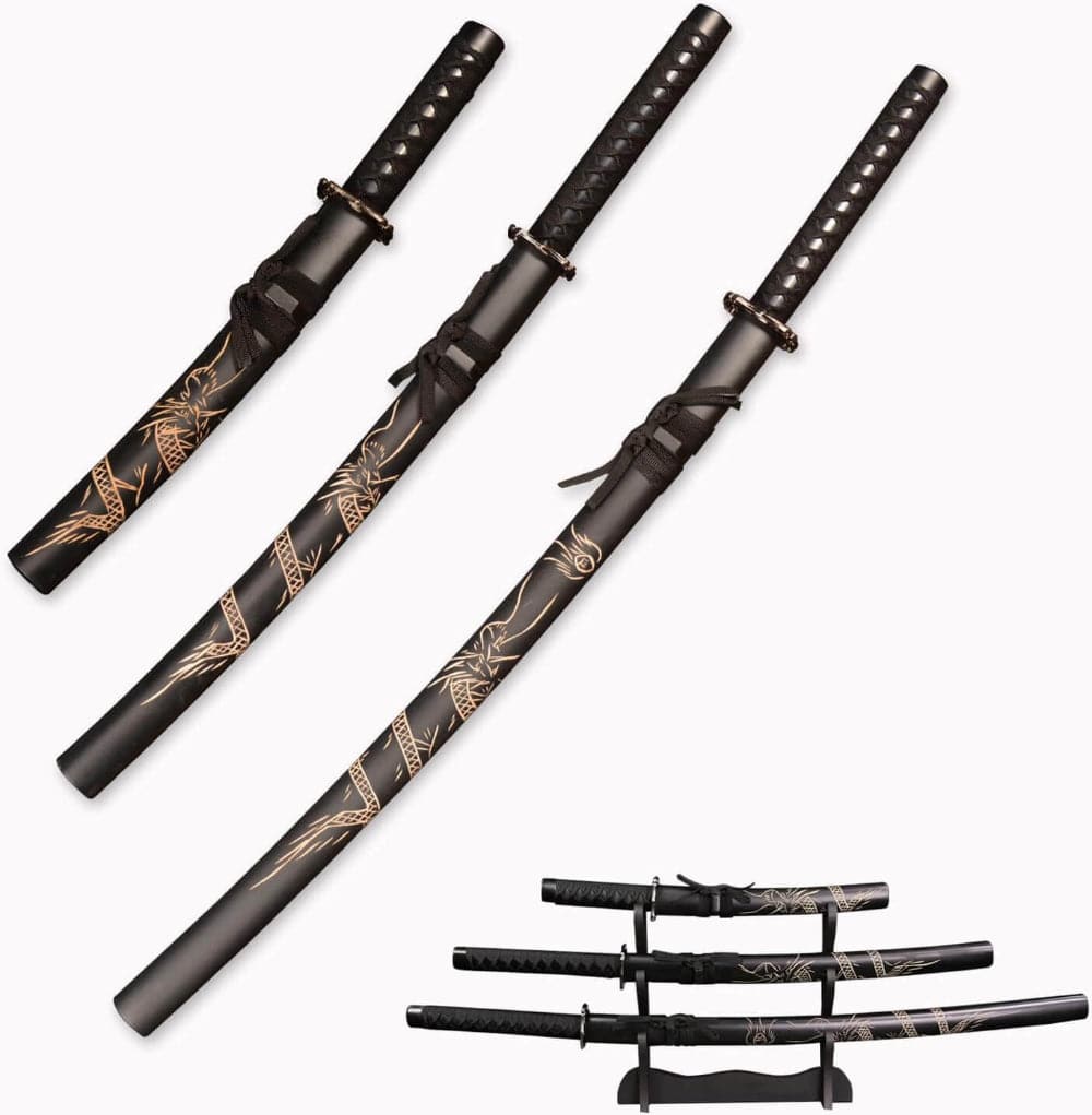 Eclipse Martial Art Supplies sporting goods Black/Gold Handmade Japanese Katana 3-Piece Set with Display Stand