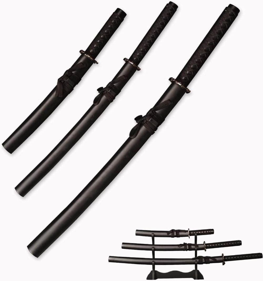 Eclipse Martial Art Supplies sporting goods Black Handmade Japanese Katana 3-Piece Set with Display Stand